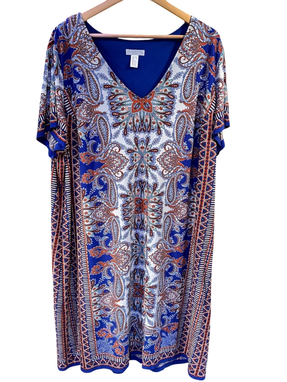 London Times 24W Paisley Midi Dress Boho Caftan Vacation Artsy V-Neck Stretch